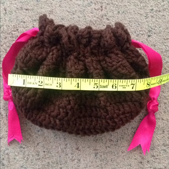 HAND CRAFTED Drawstring Wristlet Baguette Vintage Crochet Brown Pink - Picture 7 of 9